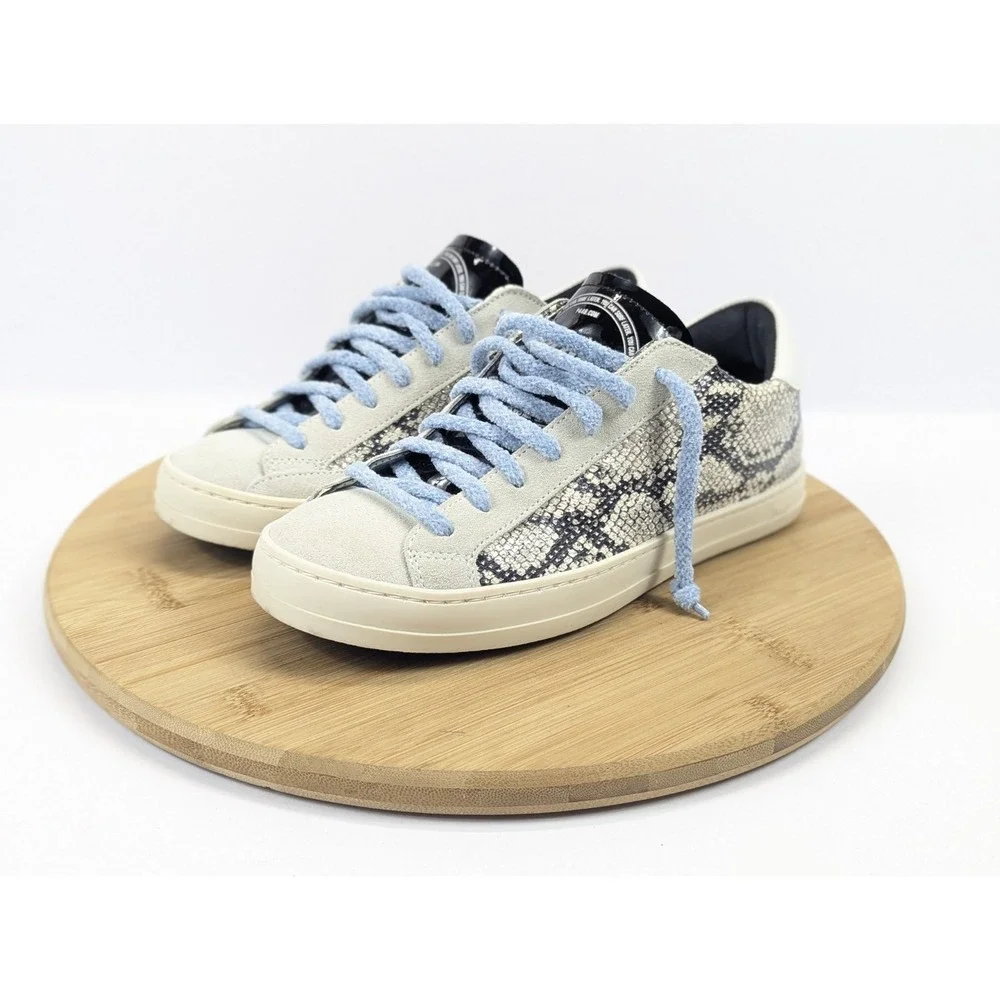P448 Shoes Womans 7 Python Print Metallic Leather Sneakers Blue Laces